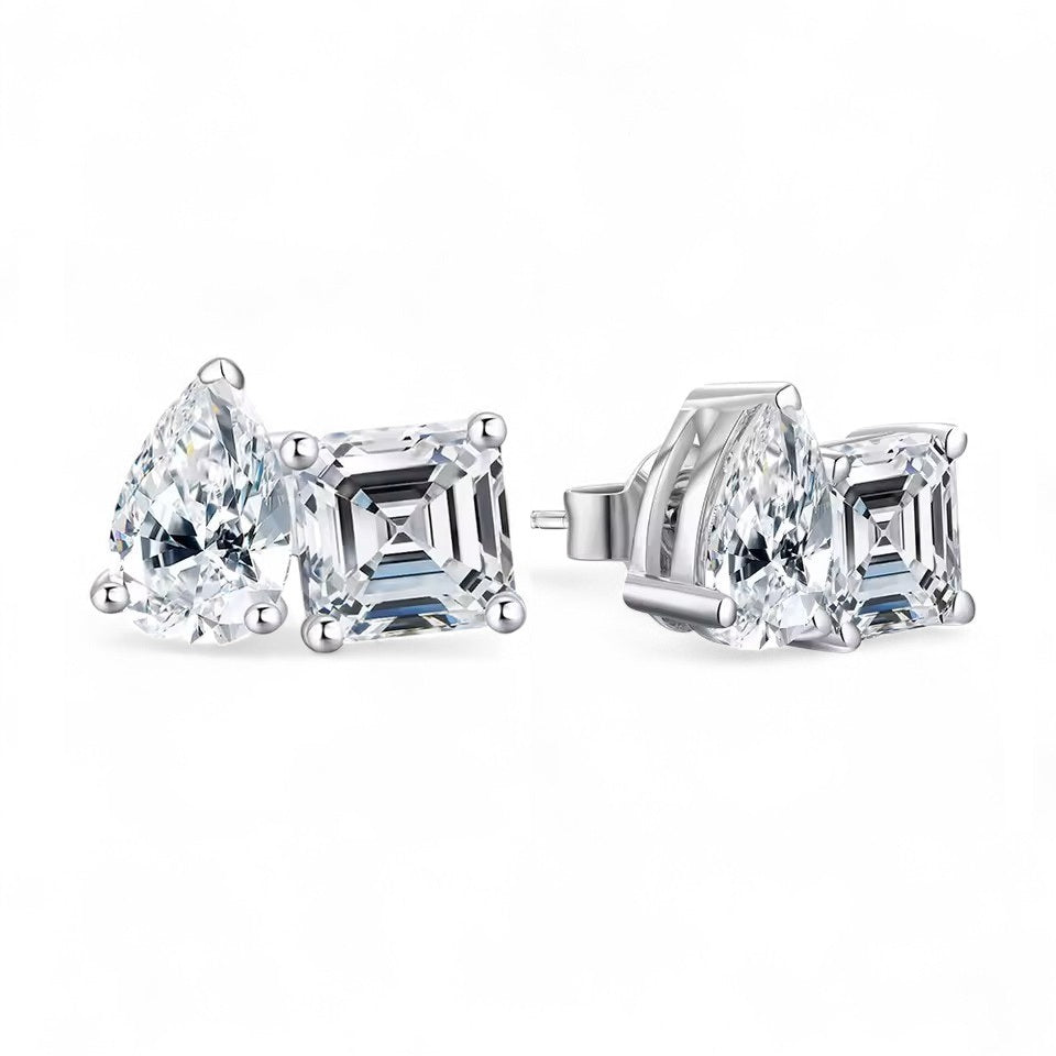 Toi et Moi 4.4 Carat Stud Earrings - Pear and Asscher Cut - Moissanite [2x2.2 CT] [Protective Rhodium Plated]