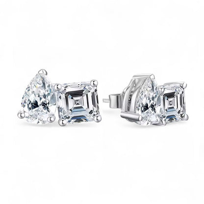 Toi et Moi 4.4 Carat Stud Earrings - Pear and Asscher Cut - Moissanite [2x2.2 CT] [Protective Rhodium Plated]