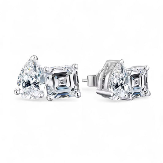 Toi et Moi 4.4 Carat Stud Earrings - Pear and Asscher Cut - Moissanite [2x2.2 CT] [Protective Rhodium Plated]