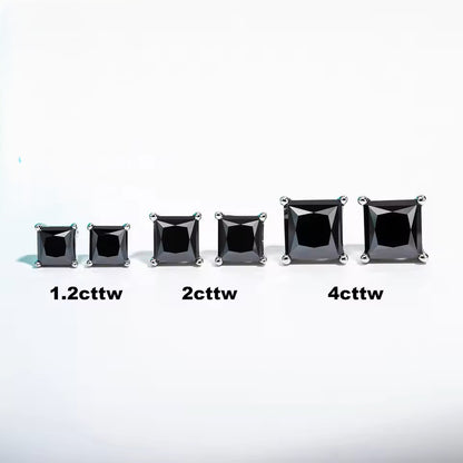 10K White Gold Black Moissanite Gemstone Princess Cut Stud Earrings with Sterling Silver Setting (Rhodium Plated)