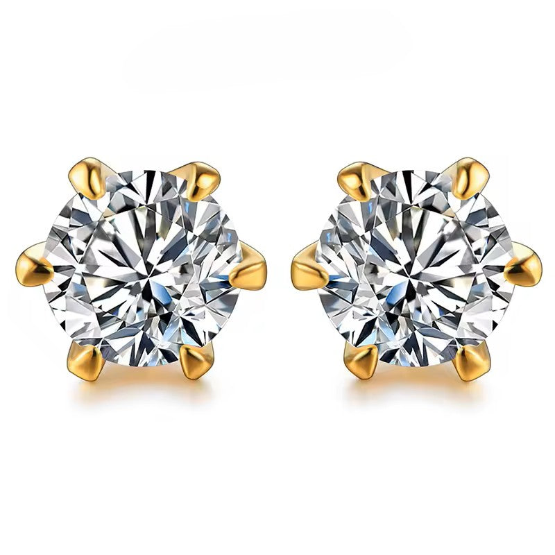 Aura Six-Prong Elegant Stud Earrings - White Gold/Rose Gold/Yellow Gold [Moissanite - Pink/Sea Green/ Black/Yellow Colours]