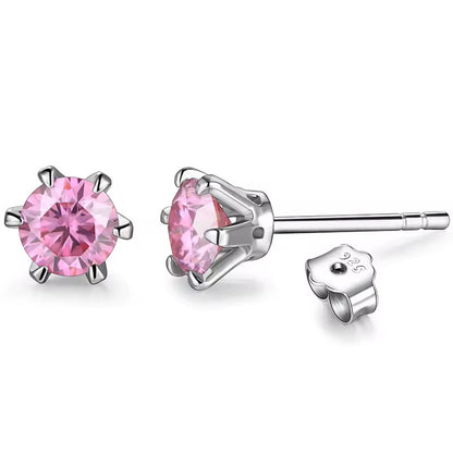 Aura Six-Prong Elegant Stud Earrings - White Gold/Rose Gold/Yellow Gold [Moissanite - Pink/Sea Green/ Black/Yellow Colours]