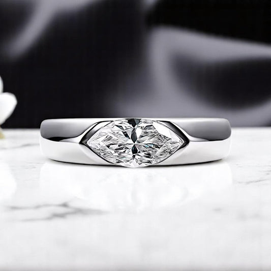 Marquise Cut Modern Moissanite Ring [Rhodium Plated] - Unisex