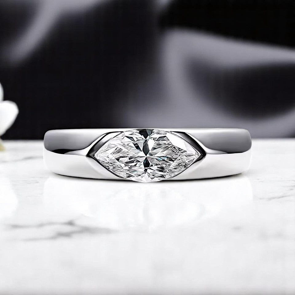 Marquise Cut Modern Moissanite Ring [Rhodium Plated] - Unisex | Luxury Collection Aura Diamonds