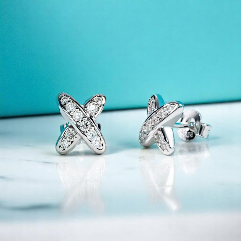 Elegant Chic X Stud Earrings - Moissanite [Rhodium Plated] Aura Diamonds