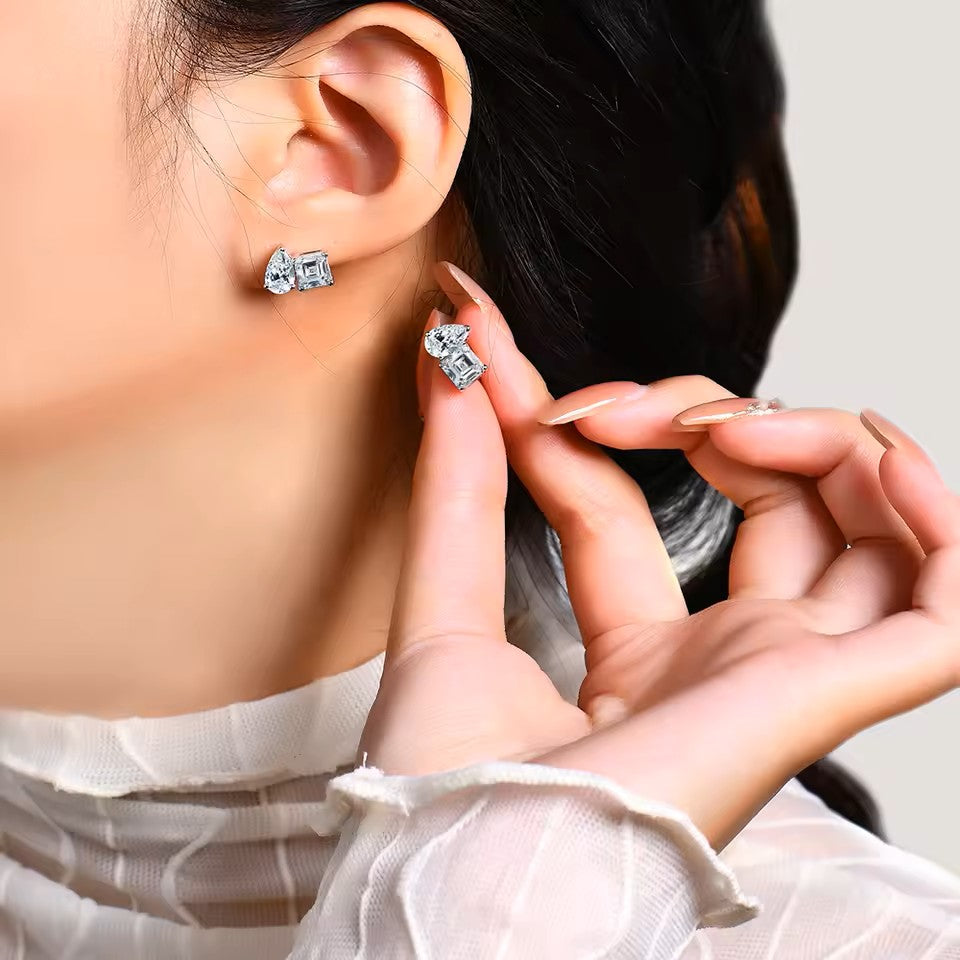 Toi et Moi 4.4 Carat Stud Earrings - Pear and Asscher Cut - Moissanite [2x2.2 CT] [Protective Rhodium Plated] Aura Diamonds