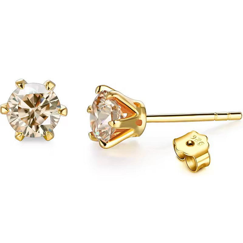 Aura Six-Prong Elegant Stud Earrings - White Gold/Rose Gold/Yellow Gold [Moissanite - Pink/Sea Green/ Black/Yellow Colours]