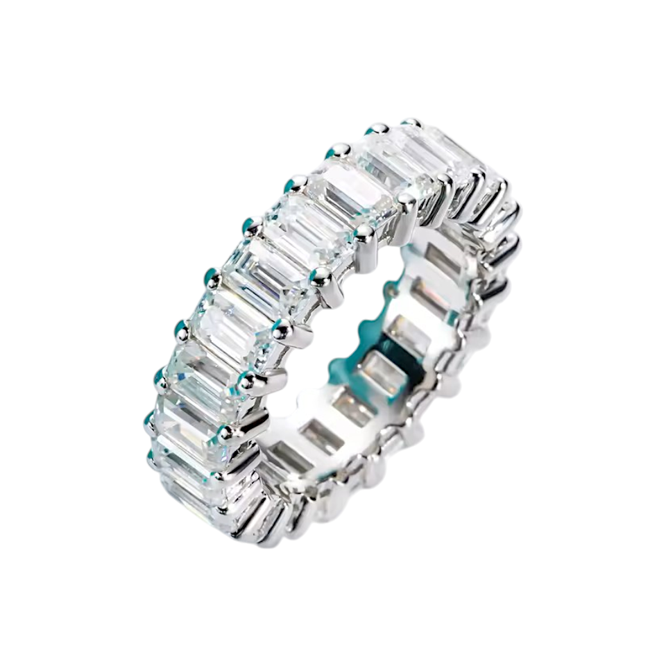 Aura Emerald Baguette Eternity Band ~ 8 Carat Weight- 5MM - Sterling Silver - Rhodium Plated - Moissanite Aura Diamonds