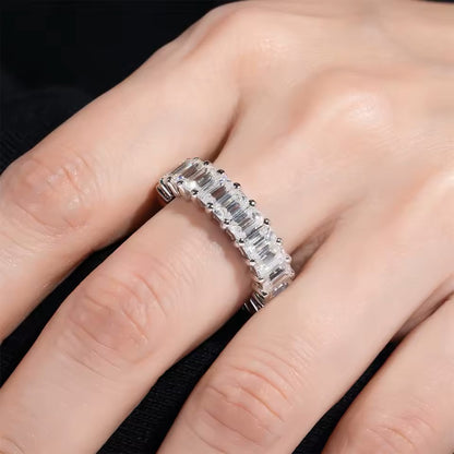 Aura Emerald Baguette Eternity Band ~ 8 Carat Weight- 5MM - Sterling Silver - Rhodium Plated - Moissanite