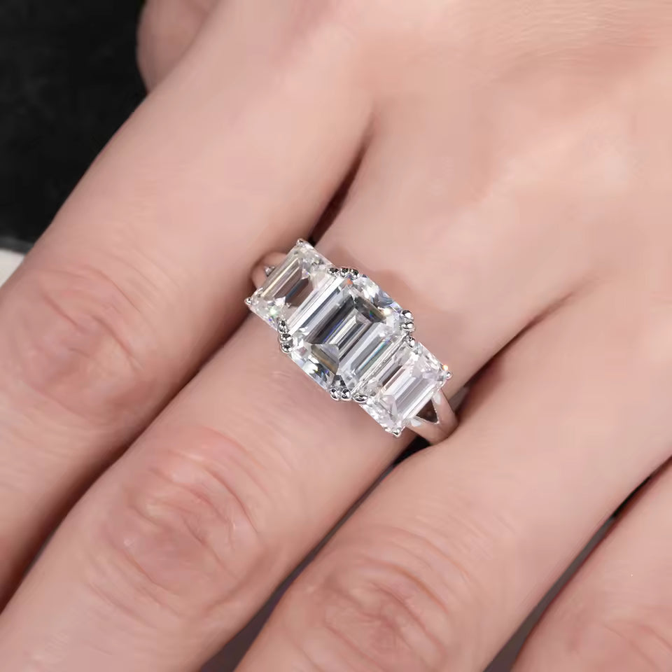 Emerald Cut 5 Carat Weight Moissanite Three-Stone Engagement Ring Aura Diamonds