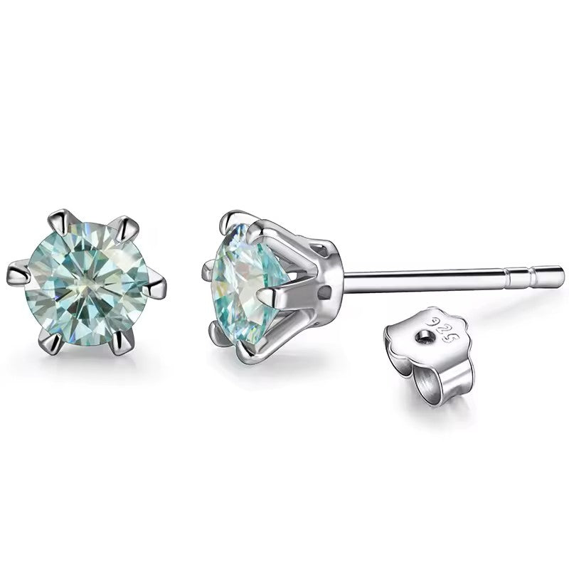 Aura Six-Prong Elegant Stud Earrings - White Gold/Rose Gold/Yellow Gold [Moissanite - Pink/Sea Green/ Black/Yellow Colours]
