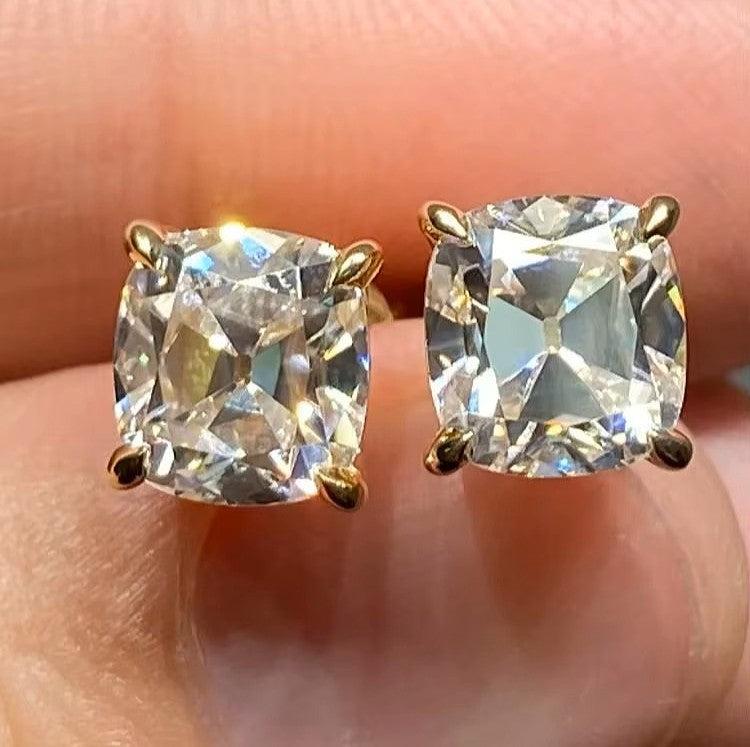 Elegant 4 Carat Weight Cushion-Cut Stud Earrings - 14K 18K Solid Gold - Moissanite | Luxury Collection Aura Diamonds