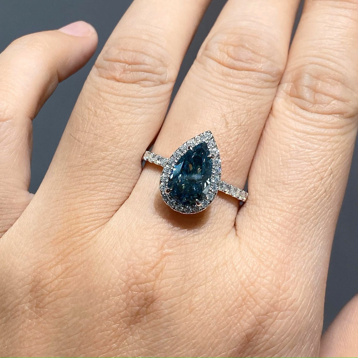 Pear Cut 3.5 Carat Blue-Green Halo Ring | 9K 14K 18K Solid Gold | Moissanite | Luxury Collection