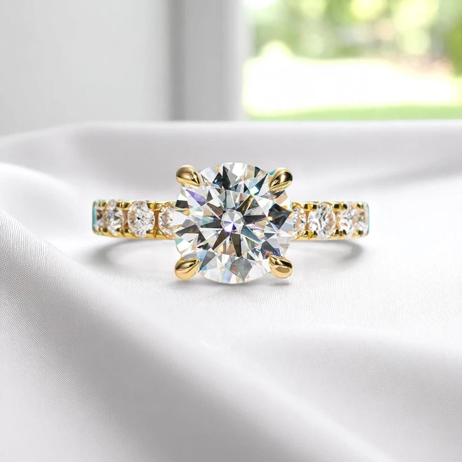 Luxury 4.3 Carat Round-Cut Solitaire Moissanite Ring with Accent Pave Stones Aura Diamonds