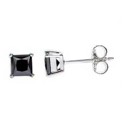 10K White Gold Black Moissanite Gemstone Princess Cut Stud Earrings with Sterling Silver Setting (Rhodium Plated)