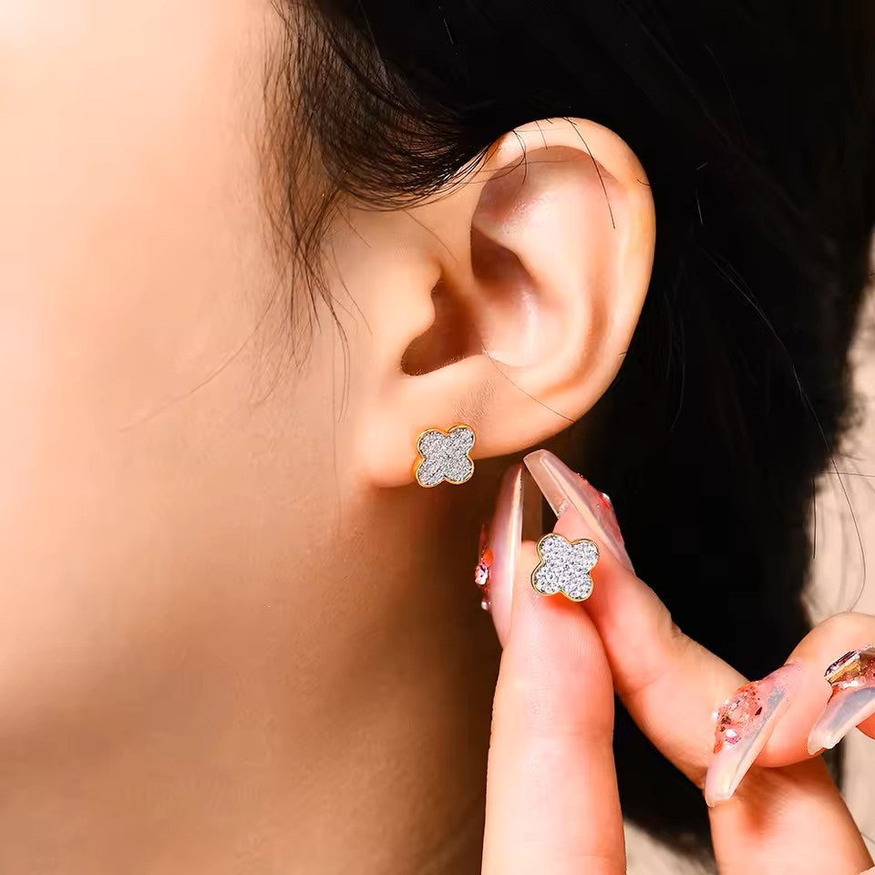 Dainty Clover Leaf Stud Earrings - Moissanite [Protective Rhodium Plated]