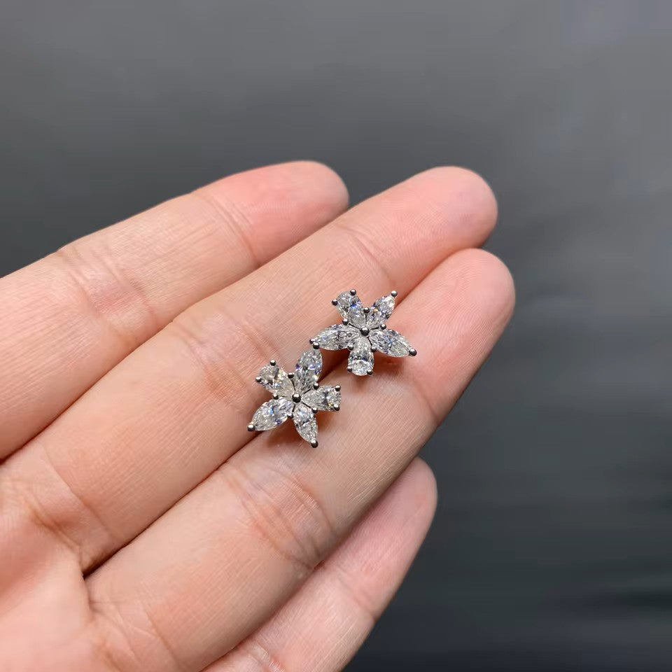 Elegant 3 Carat Floral Stud Earrings - 14K 18K Solid Gold - Moissanite | Luxury Collection