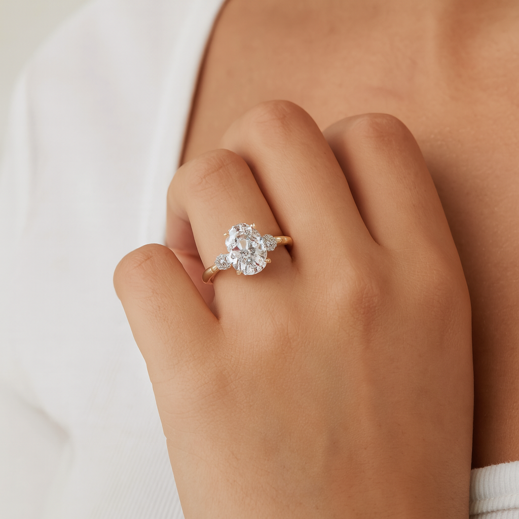 Sophia Oval Three-Stone Cathedral Diamond Ring Aura Diamonds