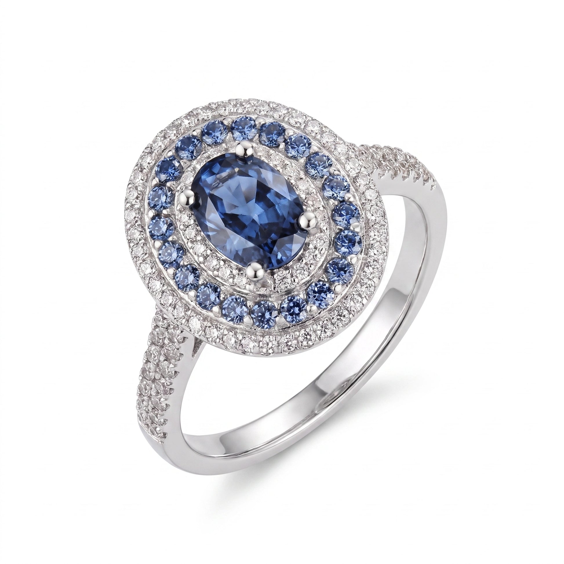 Blue moissanite double halo ring, studio photography