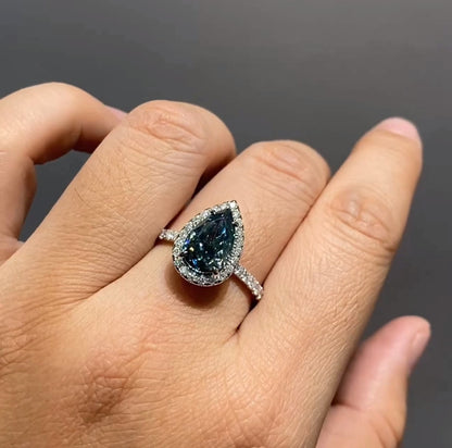 Pear Cut 3.5 Carat Blue-Green Halo Ring | 9K 14K 18K Solid Gold | Moissanite | Luxury Collection