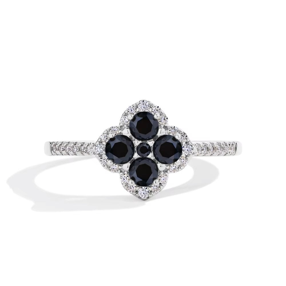 Elegant Clover Leaf Cocktail Ring with Pave Band - Black Moissanite Aura Diamonds
