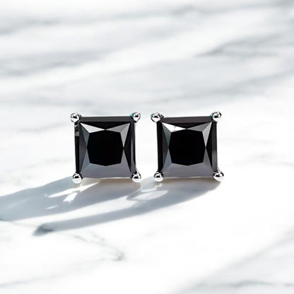 10K White Gold Black Moissanite Gemstone Princess Cut Stud Earrings with Sterling Silver Setting (Rhodium Plated)