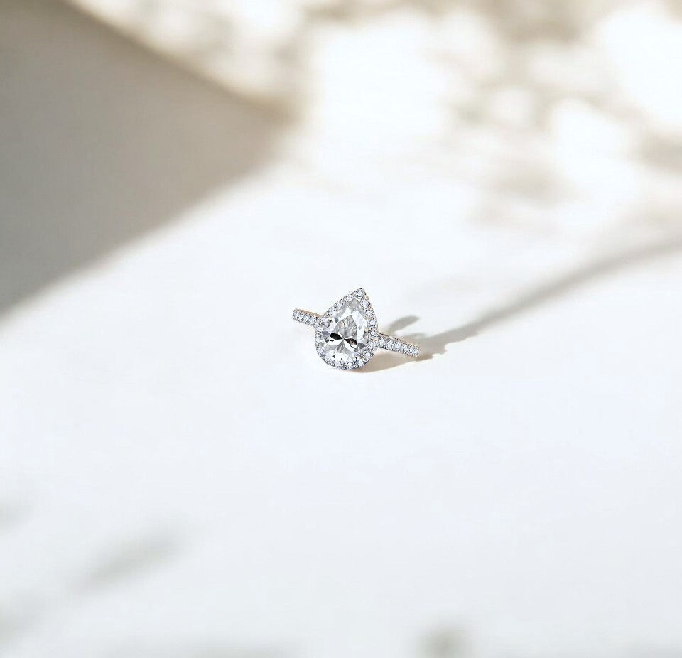 Luxury 2 Carat Pear Halo Ring with Pavé Band Aura Diamonds