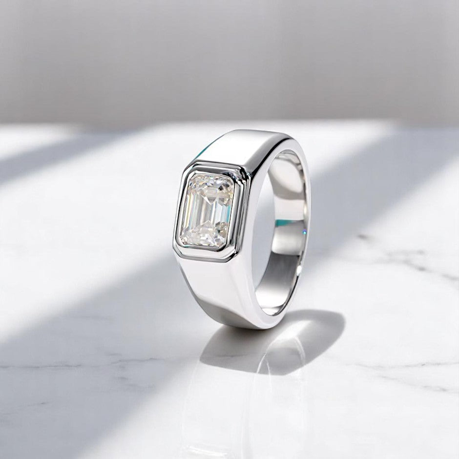 Emerald Cut 2 Carat Modern Moissanite Ring [Rhodium Plated] - Unisex Aura Diamonds