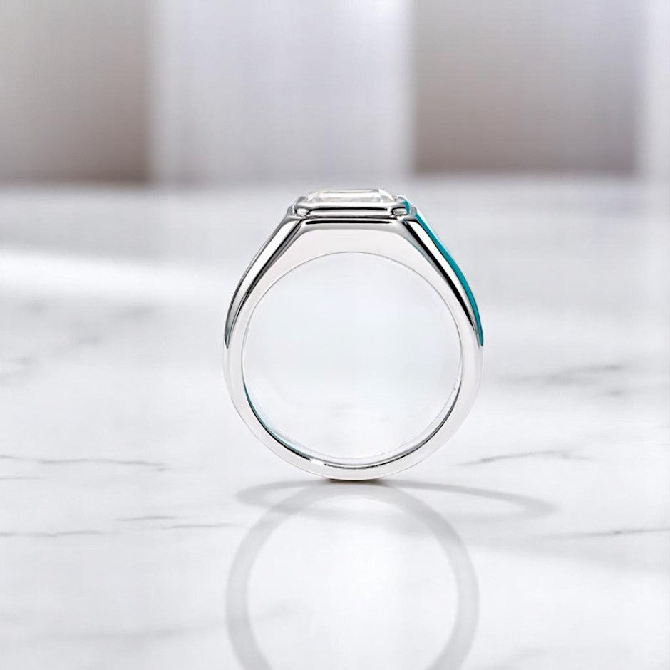 Emerald Cut 2 Carat Modern Moissanite Ring [Rhodium Plated] - Unisex Aura Diamonds
