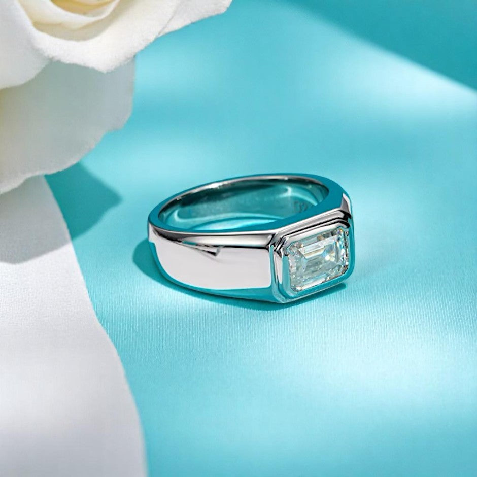 Emerald Cut 2 Carat Modern Moissanite Ring [Rhodium Plated] - Unisex Aura Diamonds