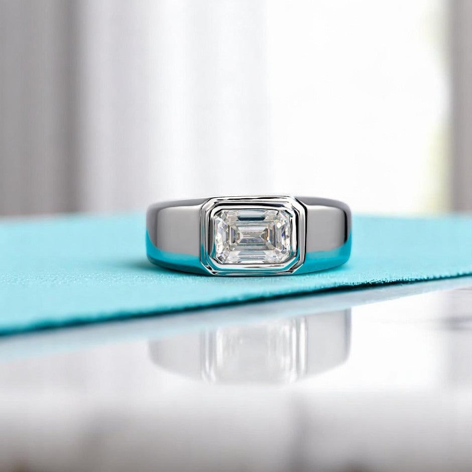 Emerald Cut 2 Carat Modern Moissanite Ring [Rhodium Plated] - Unisex Aura Diamonds
