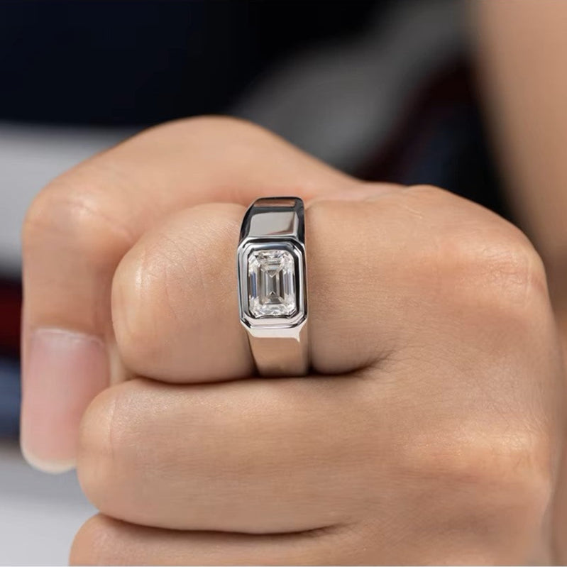 Emerald Cut 2 Carat Modern Moissanite Ring [Rhodium Plated] - Unisex Aura Diamonds
