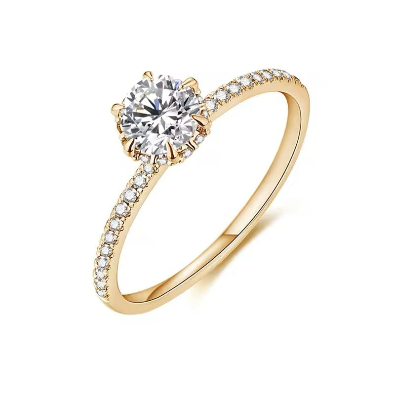 Luxury Elena Solitaire with Hidden Halo & Pave Band - Gold Vermeil - Moissanite Aura Diamonds