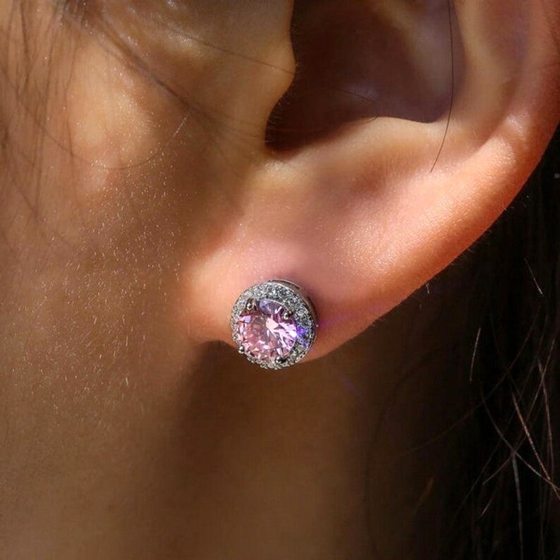 Elegant Ella Halo Stud Earrings - 2 Carat Moissanite (Pink) - 2 x 1CT Each Aura Diamonds