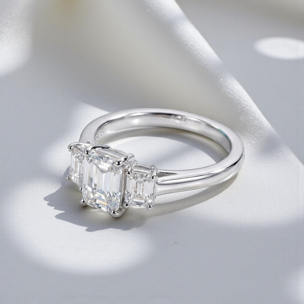 Elegant Trilogy: 1.6 Carat Weight Emerald Moissanite Engagement Ring