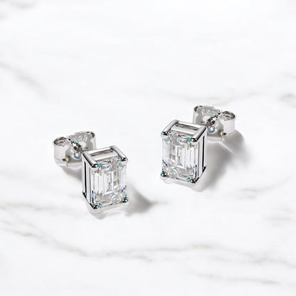 10K White Gold Emerald Cut Stud Earrings with Sterling Silver Setting (Rhodium Plated)| Sparkling Moissanite