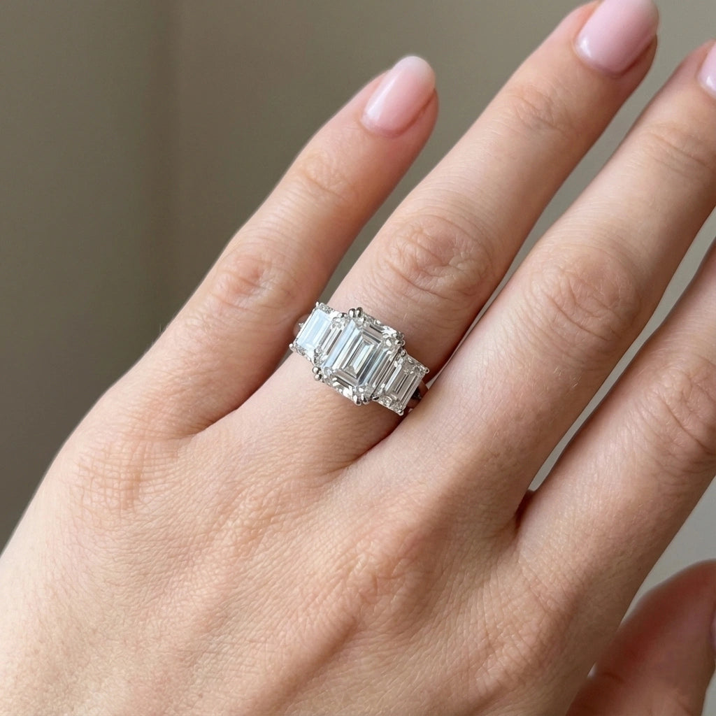 Emerald Cut 5 Carat Weight Moissanite Three-Stone Engagement Ring Aura Diamonds