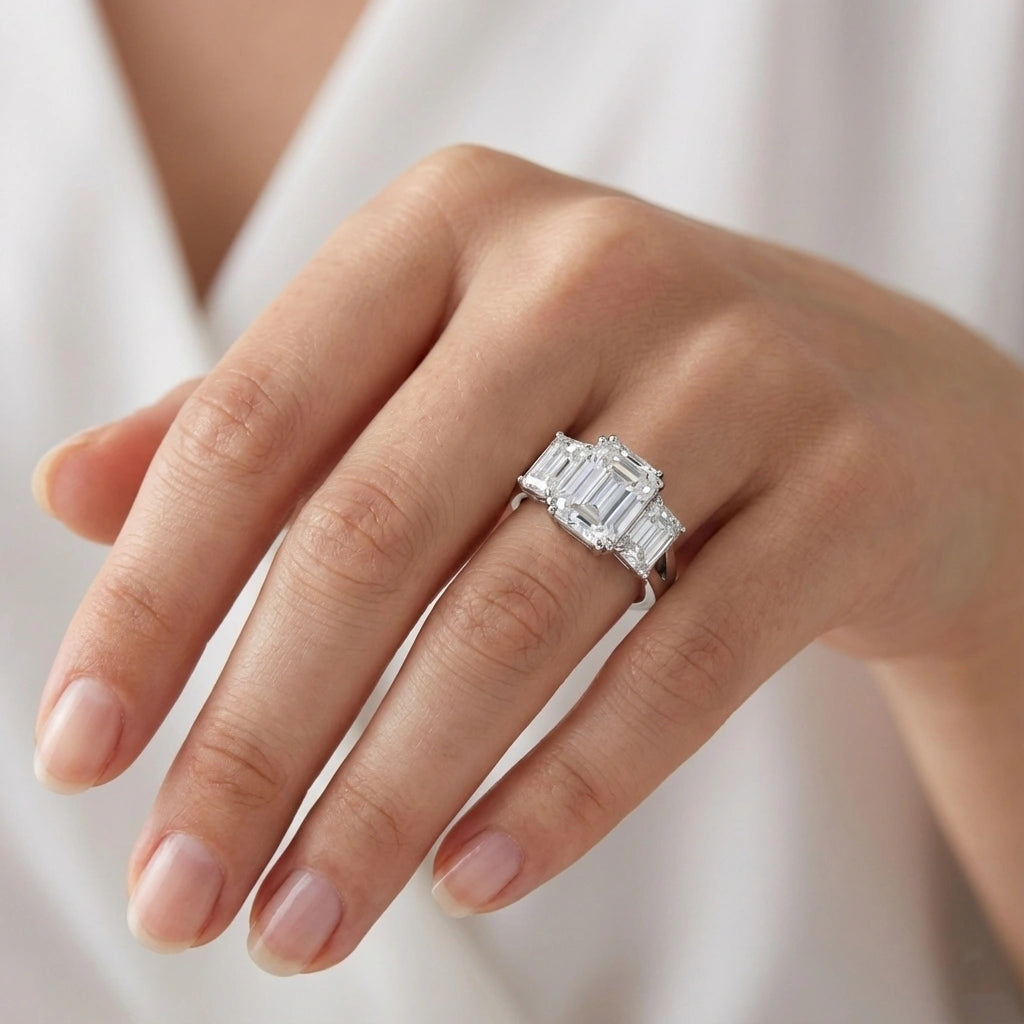 Emerald Cut 5 Carat Weight Moissanite Three-Stone Engagement Ring Aura Diamonds