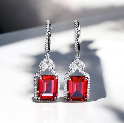 Nora Grace Ruby Halo Earrings - Red Emerald Cut - Sterling Silver