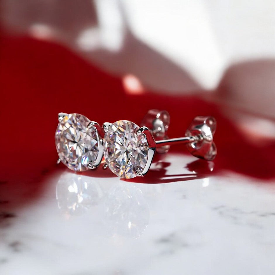 14K White Gold Moissanite Luxury Stud Earrings | Brilliant Round Cut Design Aura Diamonds