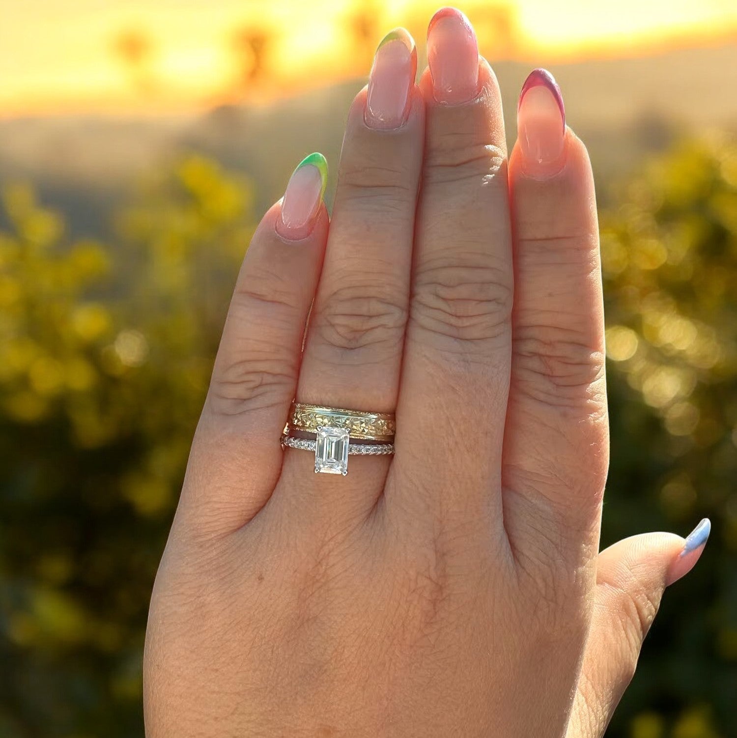 Elegant Emerald Cut Ring with Pave Band | Moissanite | 18K White Gold Plated Aura Diamonds