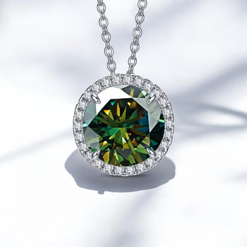 Elegant Natalie 5 Carat Halo Pendant | Moissanite | Dark Green [Rhodium Plated] Aura Diamonds