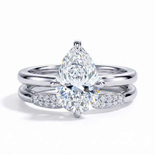 3 Carat Pear Cut Moissanite Engagement Ring Set with Band
