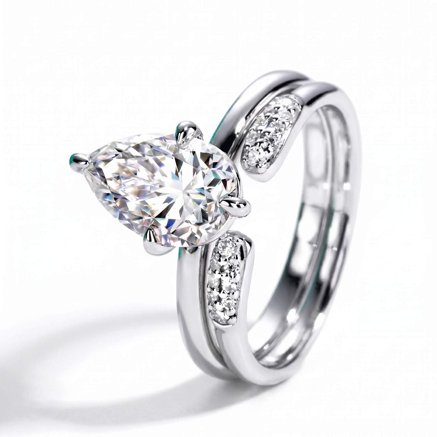 3 Carat Pear Cut Moissanite Engagement Ring Set with Band