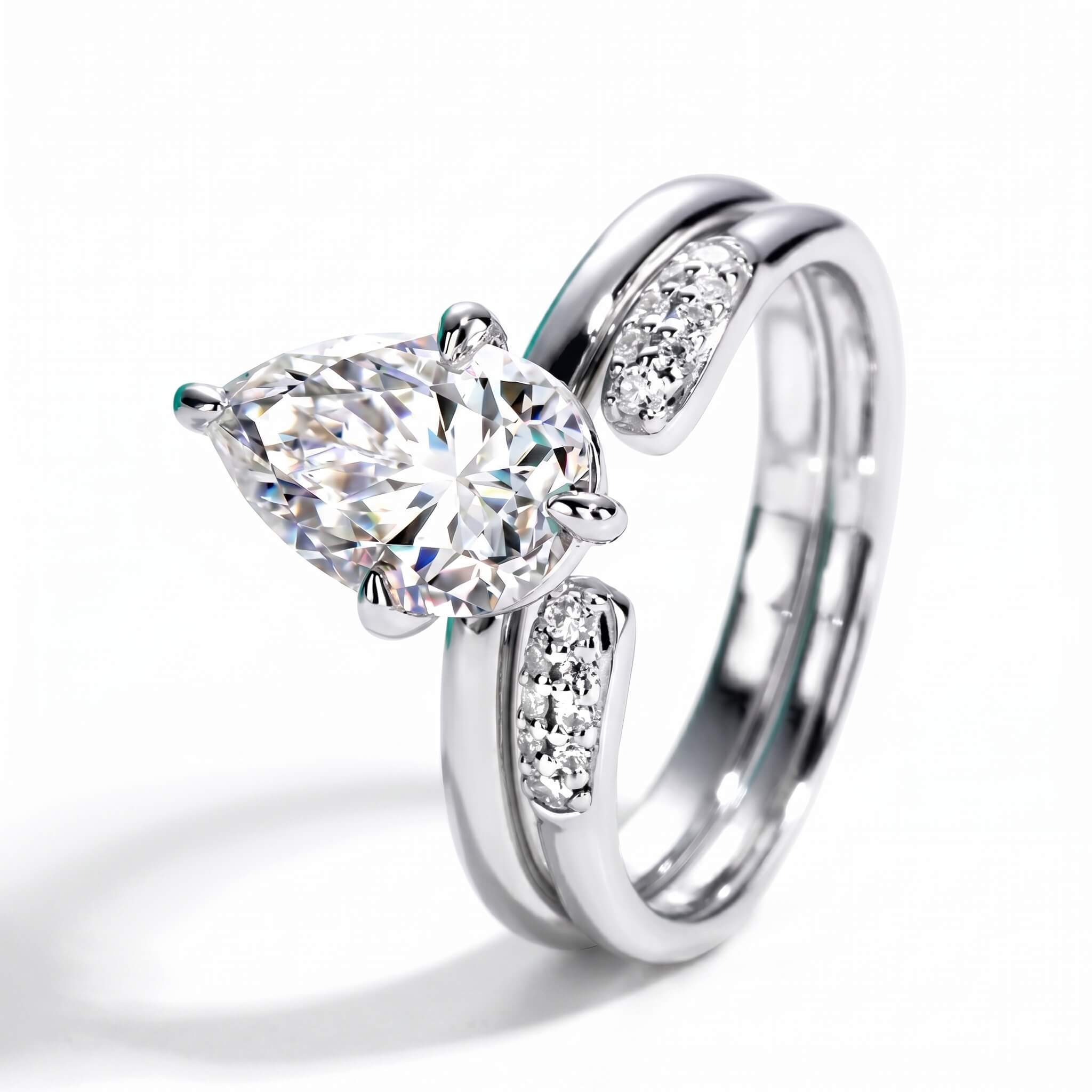 3 Carat Pear Cut Moissanite Engagement Ring Set with Band Aura Diamonds