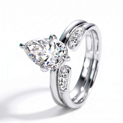 3 Carat Pear Cut Moissanite Engagement Ring Set with Band