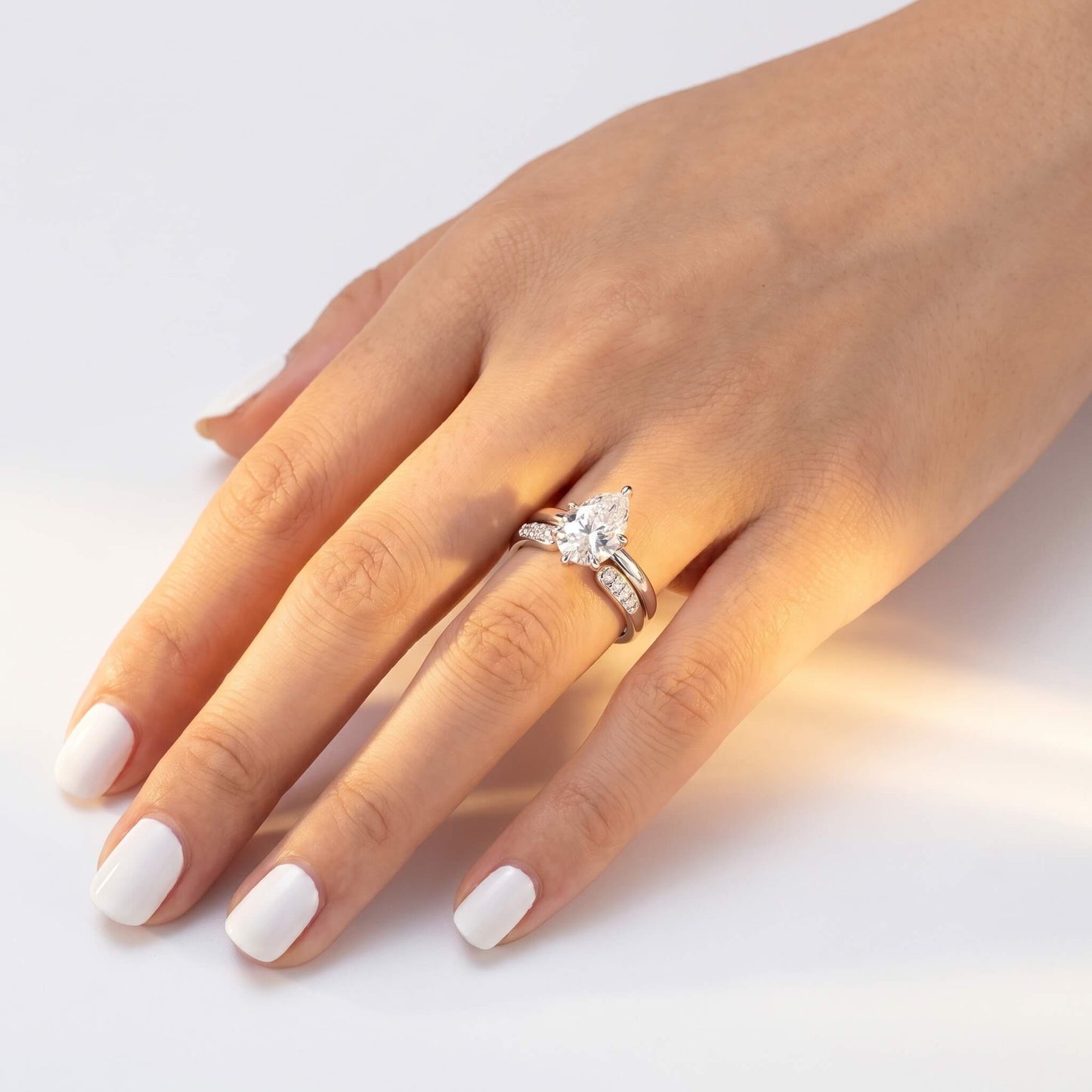 3 Carat Pear Cut Moissanite Engagement Ring Set with Band