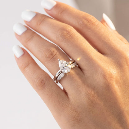 3 Carat Pear Cut Moissanite Engagement Ring Set with Band