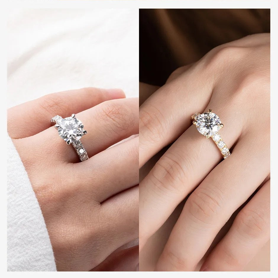 Luxury 4.3 Carat Round-Cut Solitaire Moissanite Ring with Accent Pave Stones Aura Diamonds