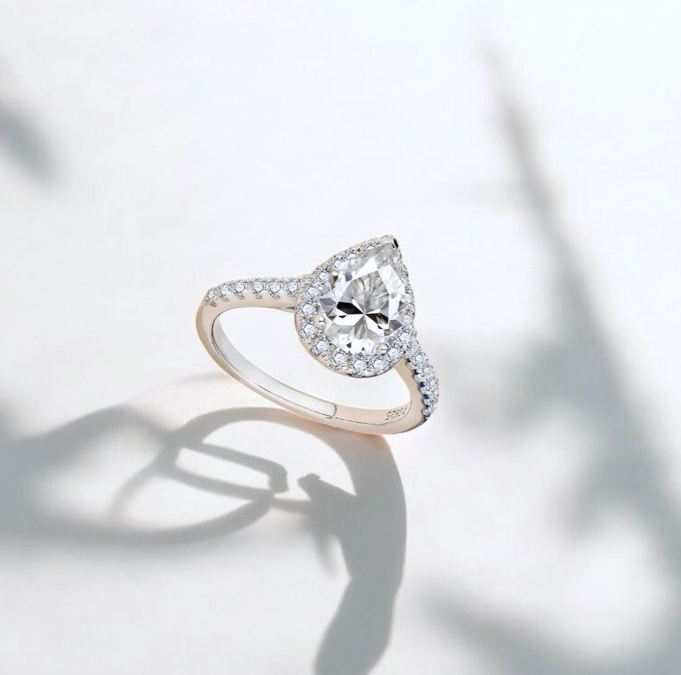 Luxury 2 Carat Pear Halo Ring with Pavé Band Aura Diamonds